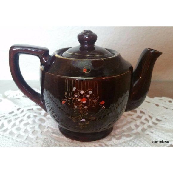 Antqiue Occupied Japan Teapot Brown Glazed Ceramic Hand Painted Flowers - Picture 8 of 12